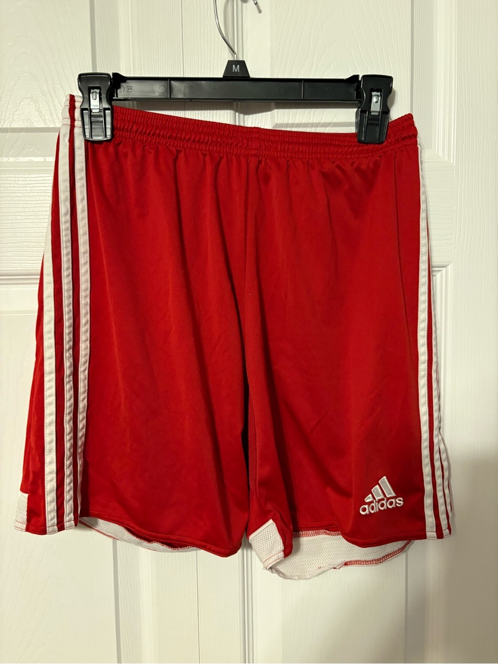 adidas Red Soccer Shorts with White Stripe Detail